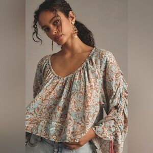 Anthropologie longsleeve Shirred Blouse turquoise burnt orange Crop top